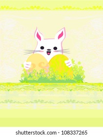  Illustration of happy Easter bunny carrying egg