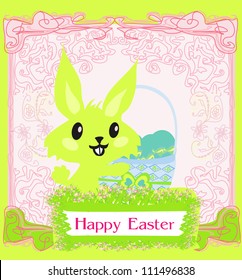  Illustration of happy Easter bunny carrying egg