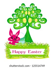  Illustration of happy Easter bunny carrying egg