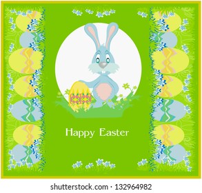  Illustration of happy Easter bunny carrying egg