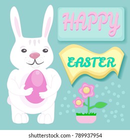 Illustration of happy Easter bunny carrying egg. Cartoon vector design for Easter. Modern flat design card with can be used for any Easter design
