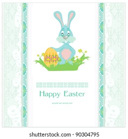 Illustration of happy Easter bunny carrying egg