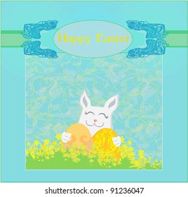 Illustration of happy Easter bunny carrying egg