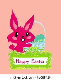 Illustration of happy Easter bunny carrying egg