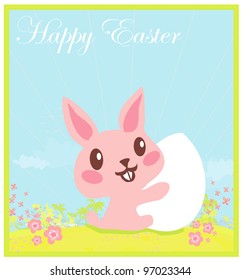 Illustration of happy Easter bunny carrying egg