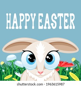 Illustration for Happy Easter with Easter bunny on blue background. 