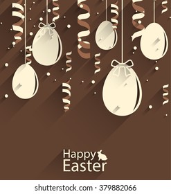 Illustration Happy Easter Chocolate Background with Eggs and Serpentine, Trendy Flat Style with Long Shadows - Vector