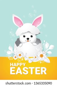 Illustration of Happy Easter day, Rabbit and egg,paper art and digital craft style.