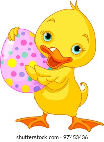 Illustration of happy Easter duckling carrying egg