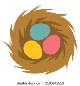 Ilustración de huevos felices de Pascua en nido. Símbolo de caricatura de celebración.