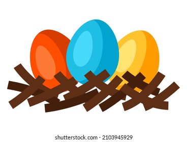 Illustration of Happy Easter eggs in nest. Cartoon symbol of celebration.