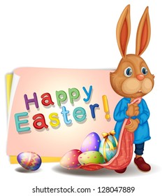 Illustration of a happy easter greeting with bunny and eggs on a white background