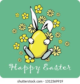 Illustration Happy Easter greeting card. Many eggs, in the center of the rabbit hugs a yellow egg. Vector holiday illustration. 