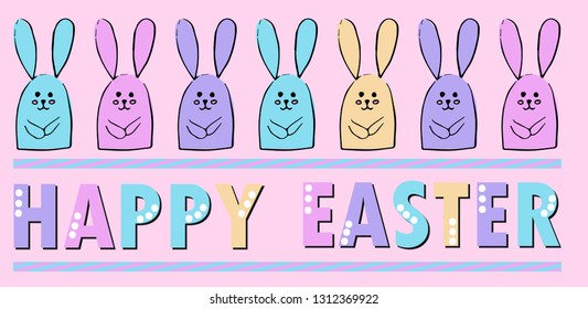 Illustration Happy Easter greeting card. Many multicolored cute rabbits stand in a row. Vector holiday illustration. 