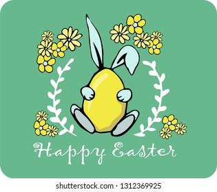 Illustration Happy Easter greeting card. Many eggs, in the center of the rabbit hugs a yellow egg. Vector holiday illustration. 