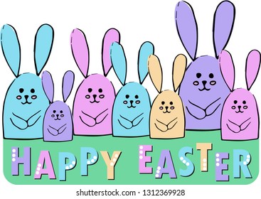 Illustration Happy Easter greeting card. Family of cute multicolored bunnies in the meadow. Vector holiday illustration. 