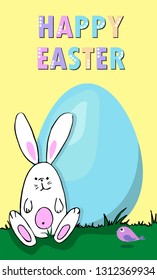 Illustration Happy Easter greeting card. Next to the big blue egg is a white rabbit. Vector holiday illustration. 