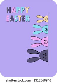 Illustration Happy Easter greeting card. A family of multi-colored rabbits looks out of a mink. Vector holiday illustration. 