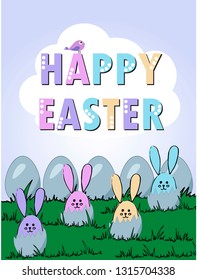 Illustration Happy Easter greeting card. Easter bunnies in eggshell. Vector holiday illustration.