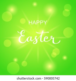 Illustration for Happy Easter greeting card. Green shiny background with sunburst and lights. Vector illustration.