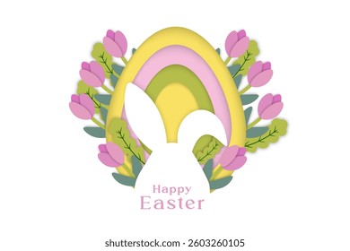 illustration of happy easter greetings with rabbit, egg and flower theme