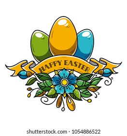 Illustration for Happy Easter. Holiday eggs decorated of ribbon and flowers. Template for holiday banner.