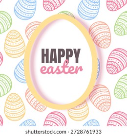 Illustration von Happy Easter Holiday Verfügt über einen weißen, ovalen Rahmen, der wie ein Osterei geformt ist, mit einem weichen rosa Rahmen, der perfekt für Urlaubsmarketing, saisonale Verkäufe, Boutique-Geschenkkarten und Einladungen zu Frühlingsfeiern geeignet ist