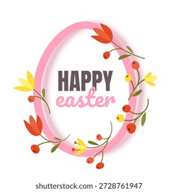 Illustration of Happy Easter Holiday Features a white oval frame shaped like an Easter egg with a soft pink border perfect for holiday marketing, seasonal sales, boutique gift cards, and spring celebration invitations