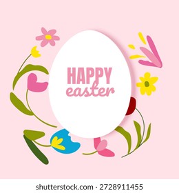 Illustration of Happy Easter Holiday Features a white oval frame shaped like an Easter egg with a soft pink border perfect for holiday marketing, seasonal sales, boutique gift cards, and spring celebration invitations