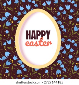 Illustration of Happy Easter Holiday Features a white oval frame shaped like an Easter egg with a soft yellow border perfect for holiday marketing, seasonal sales, boutique gift cards, and spring celebration invitations