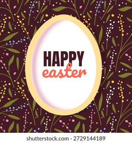 Illustration of Happy Easter Holiday Features a white oval frame shaped like an Easter egg with a soft yellow border perfect for holiday marketing, seasonal sales, boutique gift cards, and spring celebration invitations