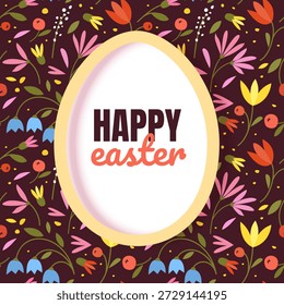 Illustration of Happy Easter Holiday Features a white oval frame shaped like an Easter egg with a soft yellow border perfect for holiday marketing, seasonal sales, boutique gift cards, and spring celebration invitations