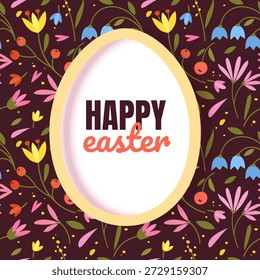 Illustration of Happy Easter Holiday Features a white oval frame shaped like an Easter egg with a soft yellow border perfect for holiday marketing, seasonal sales, boutique gift cards, and spring celebration invitations