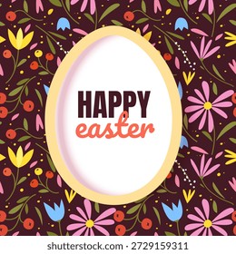 Illustration of Happy Easter Holiday Features a white oval frame shaped like an Easter egg with a soft yellow border perfect for holiday marketing, seasonal sales, boutique gift cards, and spring celebration invitations