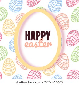 Illustration of Happy Easter Holiday Features a white oval frame shaped like an Easter egg with a soft yellow border perfect for holiday marketing, seasonal sales, boutique gift cards, and spring celebration invitations