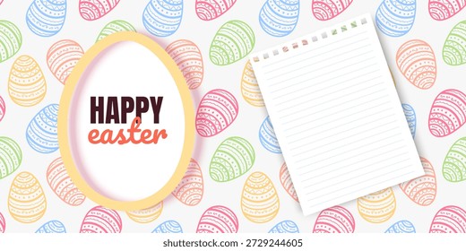 Illustration of Happy Easter Holiday Features a white oval frame shaped like an Easter egg with a soft yellow border perfect for holiday marketing, seasonal sales, boutique gift cards, and spring celebration invitations