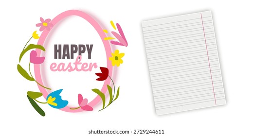 Illustration of Happy Easter Holiday Features a white oval frame shaped like an Easter egg with a soft yellow border perfect for holiday marketing, seasonal sales, boutique gift cards, and spring celebration invitations