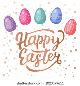 Illustration of Happy Easter lettering phrases, quotes, eggs with gold texture. Vector for decoration spring holiday, card