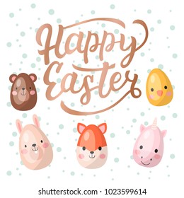 Illustration of Happy Easter lettering phrases,quotes, eggs with bear, fox, unicorn, chicken, bunny. Vector Illustration for decoration spring holiday, card