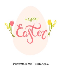 Illustration of a Happy Easter lettering postcard with flowers tulips on a pink egg on a white background. for design, cards, flyers.