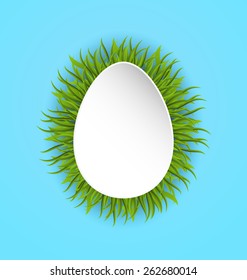 Illustration Happy Easter paper card in form egg with green grass, copy space for your text - vector