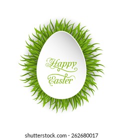 Illustration Happy Easter paper card in form egg with green grass - vector