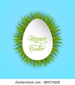 Illustration Happy Easter Paper Card in Form Egg with Green Grass - Vector