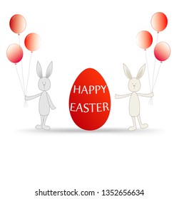 Illustration  Happy Easter - red egg and bunnies with balloons on white. Easter card. Cartoon illustration of happy easter.