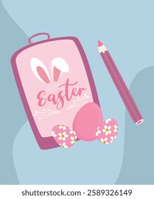 Illustration of Happy Easter Text on a Tablet with a Piece of Paper and Pencil