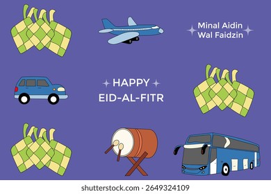ilustração do feliz Eid al-Fitr com o tema do transporte e ornamentos islâmicos