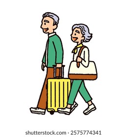 Illustration of happy elderly couple       going on a trip