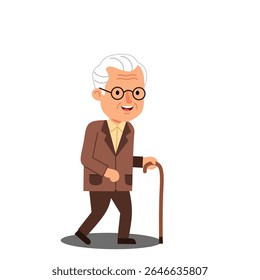 illustration of a happy elderly man walking with a cane. Smiling grandfather character in brown suit, wearing glasses, perfect for senior care themes