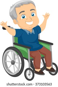 Illustration of a Happy Elderly Man in a Wheelchair Waving His Arms Happily