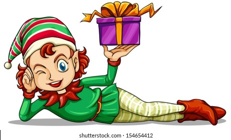 Illustration of a happy elf holding a gift on a white background